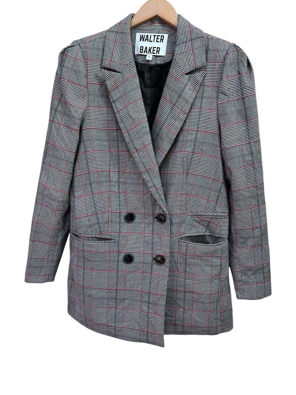 Walter Baker Womens S Blazer Gray Black Plaid Long Sleeve Button Front Jacket